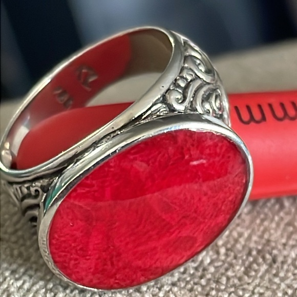 Sterling Silver red coral ring and earring set - Picture 9 of 11